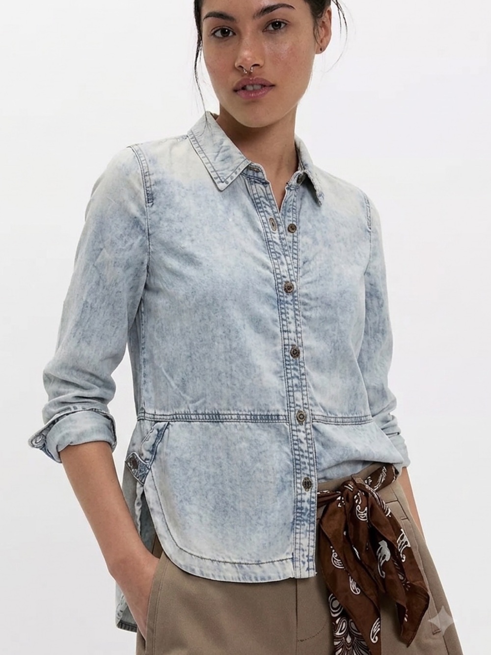 Anthropologie Holding Horses Tencel Denim Bleached Chambray Shirt Size 0 XS